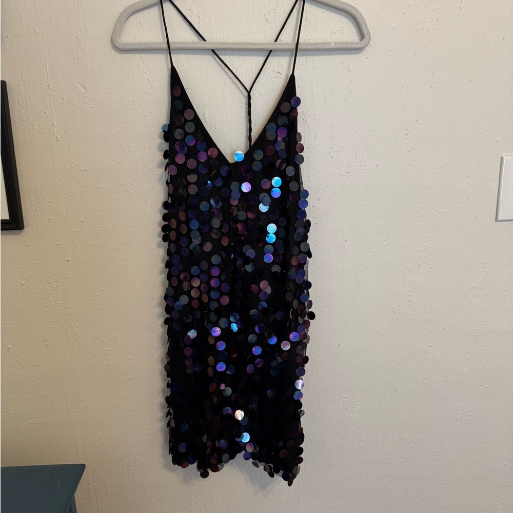 Black Sequin Dress with Purple and Blue Accents
